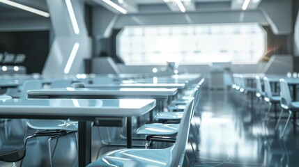 Obraz premium Futuristic classroom with neatly arranged empty chairs, close-up view, highlighting market decision achievement in education, sleek and modern setup