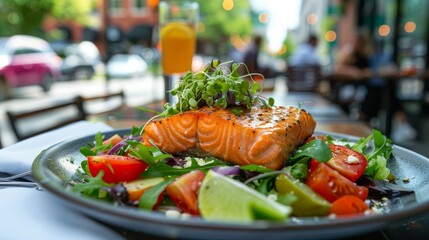 Fresh salmon salad served on a plate, outdoor city dining scene, close-up capture with urban background, perfect for food advertising campaigns