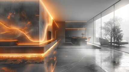 Modern minimalist interior design of kitchen with island.