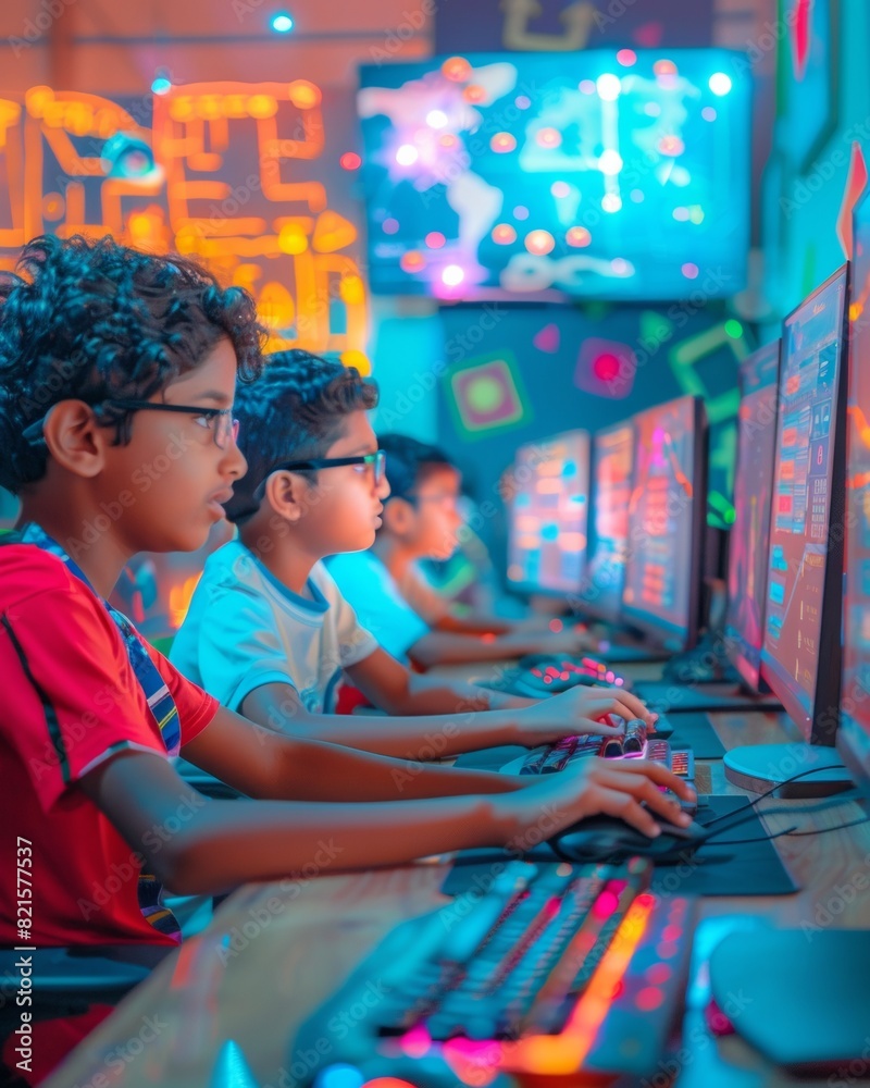 Leinwandbilder Vibrant Coding Class on International Informatics Day: Enthusiastic Young Students Using Modern Tech to Code in a Colorful Classroom
