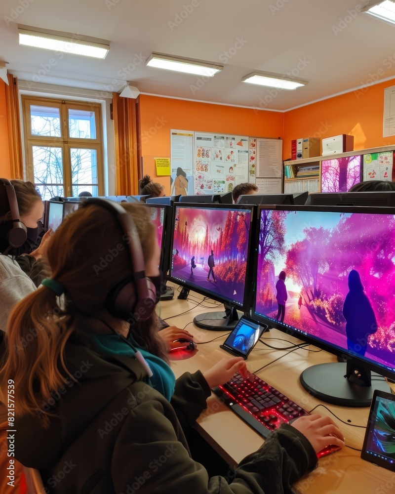 Poster Diverse Teen Students Engaged in Coding Projects During International Informatics Day in Modern Classroom
