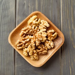 Fototapeta premium Top View Close-Up: Wooden Plate with Peeled Walnut Kernels