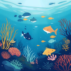 flat design of Underwater scene of happy and untouched ocean life - generated by ai