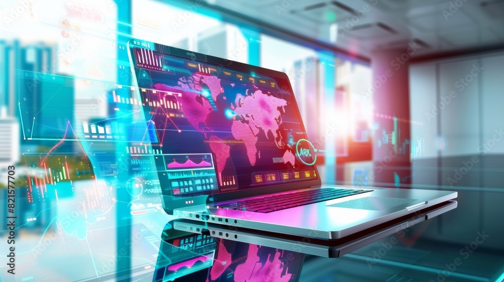 Poster modern business workspace with high-tech laptop showcasing data analytics in a bright, minimalist of