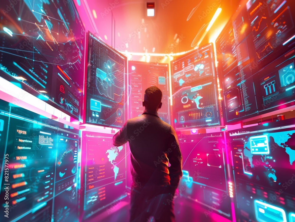 Poster male it professional monitoring cybersecurity systems in a high-tech control room at night, emphasiz