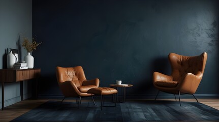 Modern interior of living room with leather armchair on wood flooring and dark blue wall