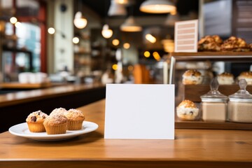 Blank flyer on a counter in a modern bakery, fresh pastries around