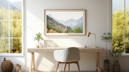 Fototapeta premium Blank flyer on a desk in a bright, airy home office, natural light