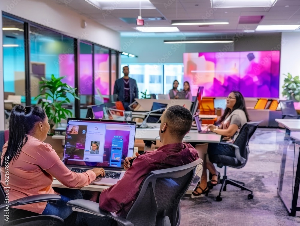 Poster modern diverse office space: young professionals collaborating with technology during a dynamic work