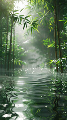 an ink green pond with light mist floating on it and water ripples visible in sunlight. The sunlight shines through the leaves of lush green bamboo shoots