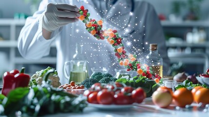 Examining food or vegetable DNA in a lab by a nutrition scientist or lab technician against blurry backdrop, Generative AI.