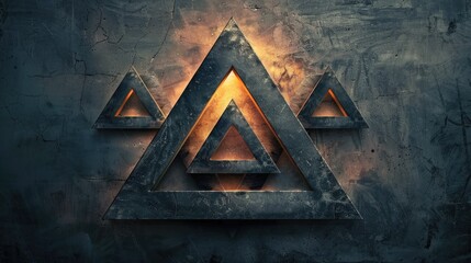 three glowing triangles made of metal with a rough concrete wall in the background.