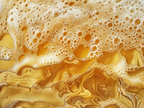 Beer foam close-up, golden ale freshness, bubbly texture, crisp and inviting, detailed surface, rich golden color