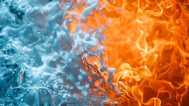 Fototapeta A harmonious blend of cool blue water and warm orange flames creates a captivating abstract backdrop, perfect for adding depth and interest to wallpapers