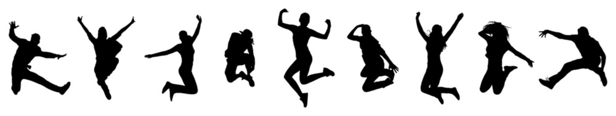 People jump vector silhouette. Cheerful man and woman isolated. Jumping friends colorful background