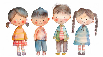 several children painted in watercolor. cute children's characters