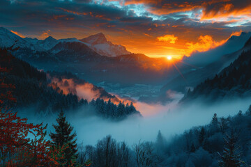 Winter landscape with hoarfrost-covered trees and a misty sunrise.ai generative