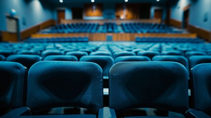Naklejka premium Close-up of a neatly arranged school auditorium, rows of seats and an empty stage, ready for assemblies or performances, well-lit with studio lighting