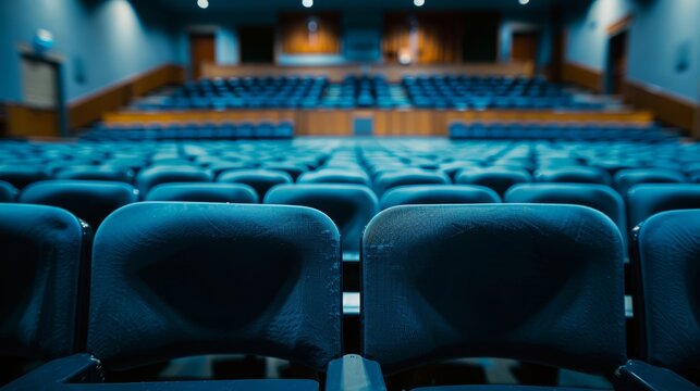 Close-up of a neatly arranged school auditorium, rows of seats and an empty stage, ready for assemblies or performances, well-lit with studio lighting