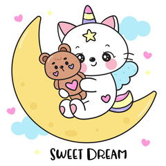 cute cat unicorn lover hug teddy bear on moon sweet dream fairy tales