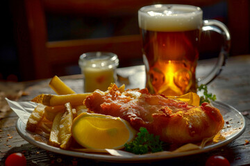 fish and chips on a wood table. Served with a beer . Generative AI