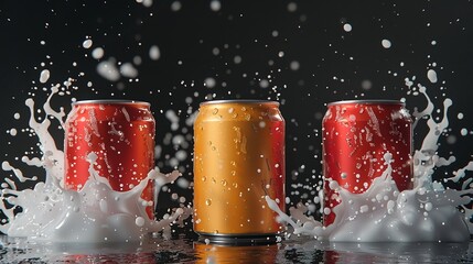 An advertisement mock-up featuring a cold and colourful metallic soda can that is splattering water and has drips of condensation in it against dark backdrop, Generative AI.