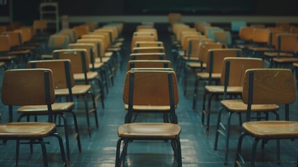 Close-up of an empty classroom, rows of desks and chairs set up neatly, capturing the calm before the start of school, suitable for back-to-school campaigns
