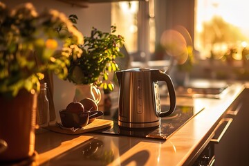 Beautiful modern kitchen with modern electric kettle, cup and flower vases on a wooden table against a hazy bright backdrop, Generative AI.