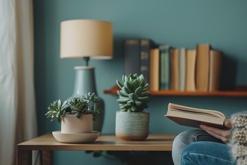 Succulent plant, books and lamp on the shelf with mock-up of an empty wall against a pale green backdrop, Generative AI.