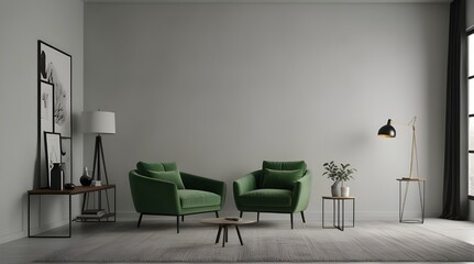 Living room style minimal with green armchair on empty white wall background- 3D rendering