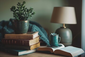 Succulent plant, books and lamp on the shelf with mock-up of an empty wall against a pale green backdrop, Generative AI.