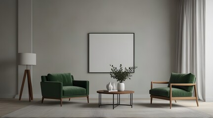 Living room style minimal with green armchair on empty white wall background- 3D rendering