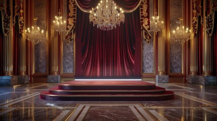 A large room with red curtains and chandeliers generated by AI