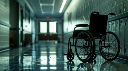 Focused shot of a wheelchair and document page, clinical hallway lined with lockers, capturing a realistic medical environment