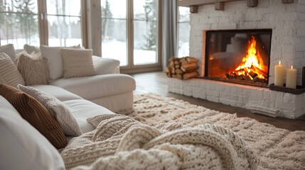 Scandinavian country interior design of modern living room, home. white sofas against fireplace.