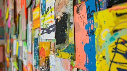 Dynamic bulletin board filled with colorful artwork and announcements, close-up shot representing a hub of creativity and artistic expression