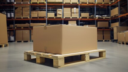 Detailed view of a large cardboard box placed on a pallet, warehouse shelves in the background, perfect for commercial advertising, studio lighting