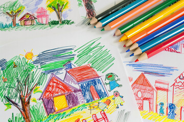 paintings drawn by children with colored pens. The paintings are very good, including characters, landscapes and animals. These four pictures are put together and photographed.