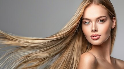 Beautiful woman with long straight blonde hair in beauty concept.