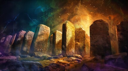 ancient stone tablets engraved with ten commandments divine law spiritual covenant exodus story dramatic lighting digital painting