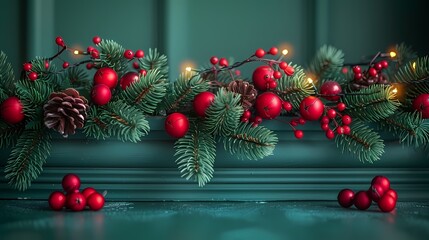 **: A decorative garland made of pine branches, red berries, and twinkling lights, hanging on a solid green background, adding a natural and cozy touch to the New Year decor 