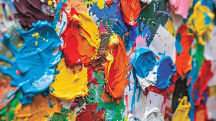 Fototapeta premium Detailed close-up of a bulletin board filled with kindergarten children's creative artwork, bursting with colors and imaginative designs