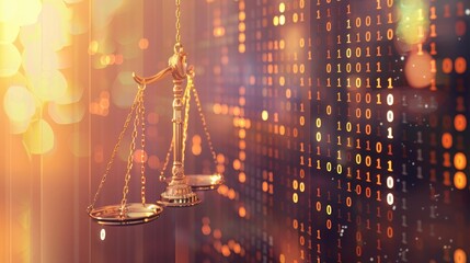 Scales of justice and digital data stream on a blurred background, representing a business concept related to law. A photo