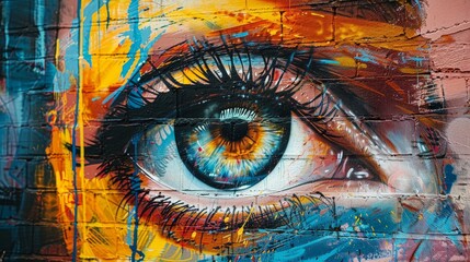 Detailed close-up of an eye in a street art mural on a brick wall, emphasizing the vibrant tradition and legacy of this artistic expression