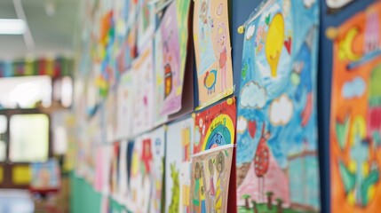 Fototapeta premium Close-up view of a kindergarten bulletin board filled with colorful and creative artwork, capturing the imaginative spirit of young children