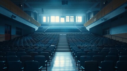 Obraz premium Close-up view of an empty school auditorium, neatly arranged seats and a spotless stage, ready for performances and assemblies, well-organized layout