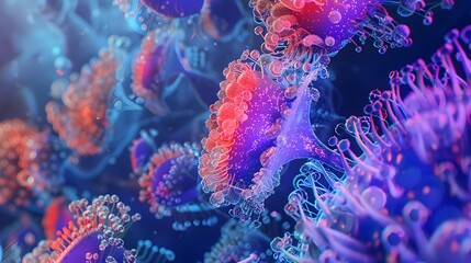 Obraz premium Flourishing Microscopic Biosphere A Vibrant D Rendering of Imaginative and BioLuminescent Entities