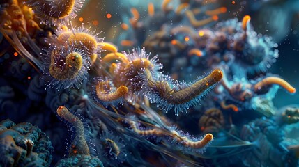 Flourishing Microscopic Biosphere A D Rendered Interpretation of Imaginative Underwater Organisms