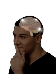 Concentrated. Silhouette of relax young man with drawings of brain