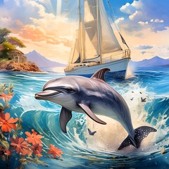 A serene and vibrant scene of a dolphin playfully swimming in the blue sea near a small, luxurious yacht